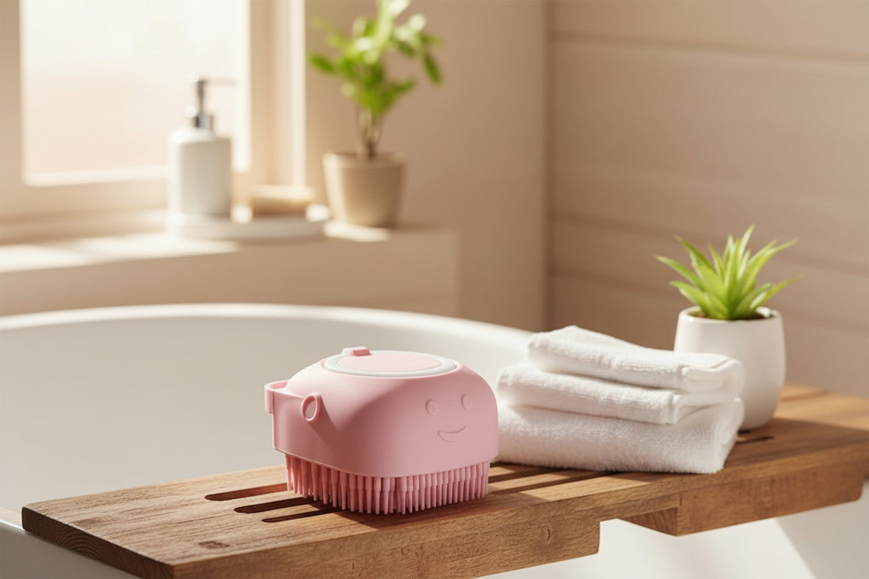 Brosse de bain et massage pour chien et chat avec distributeur de shampoing