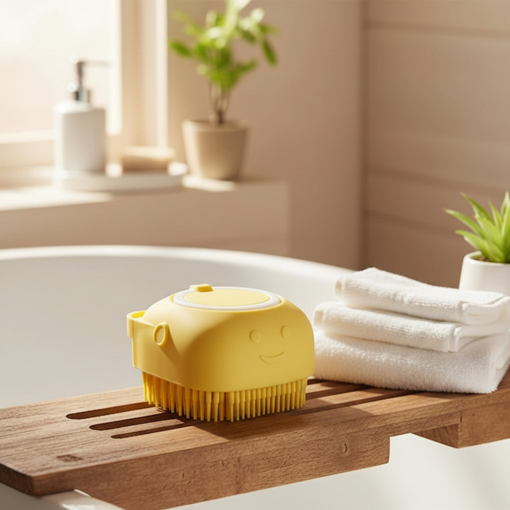 Brosse de bain et massage pour chien et chat avec distributeur de shampoing