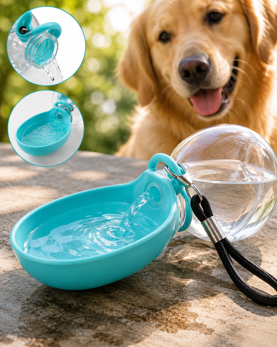 Gourde de promenade pliable avec bol intégré pour chien