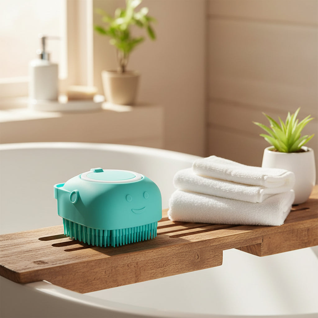 Brosse de bain et massage pour chien et chat avec distributeur de shampoing
