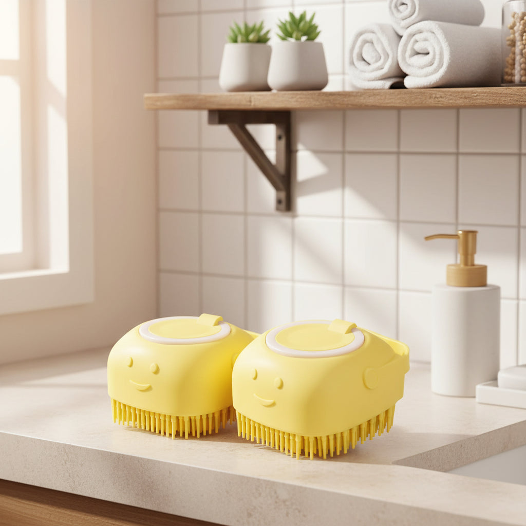 Brosse de bain et massage pour chien et chat avec distributeur de shampoing