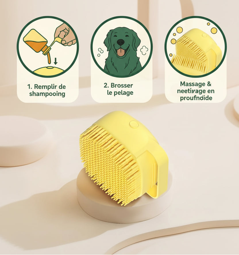 Brosse de bain et massage pour chien et chat avec distributeur de shampoing