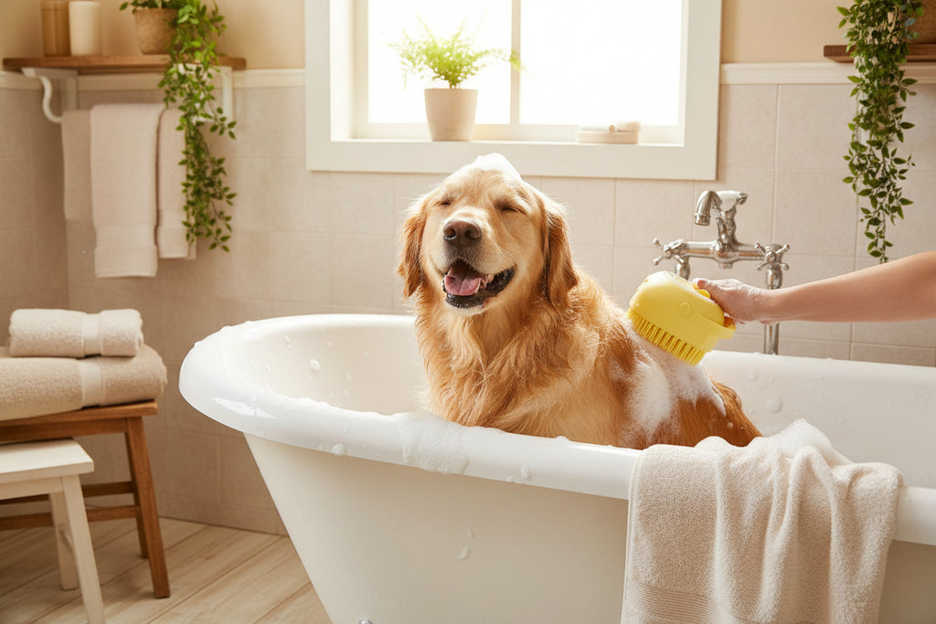 Brosse de bain et massage pour chien et chat avec distributeur de shampoing