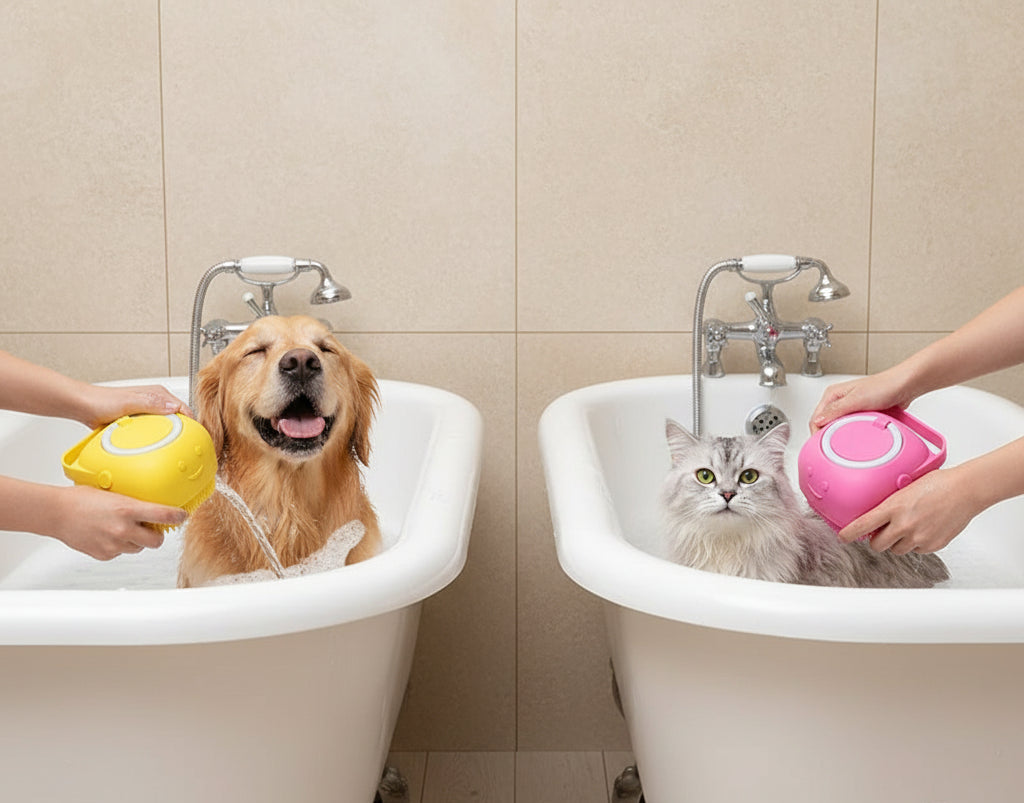 Brosse de bain et massage pour chien et chat avec distributeur de shampoing