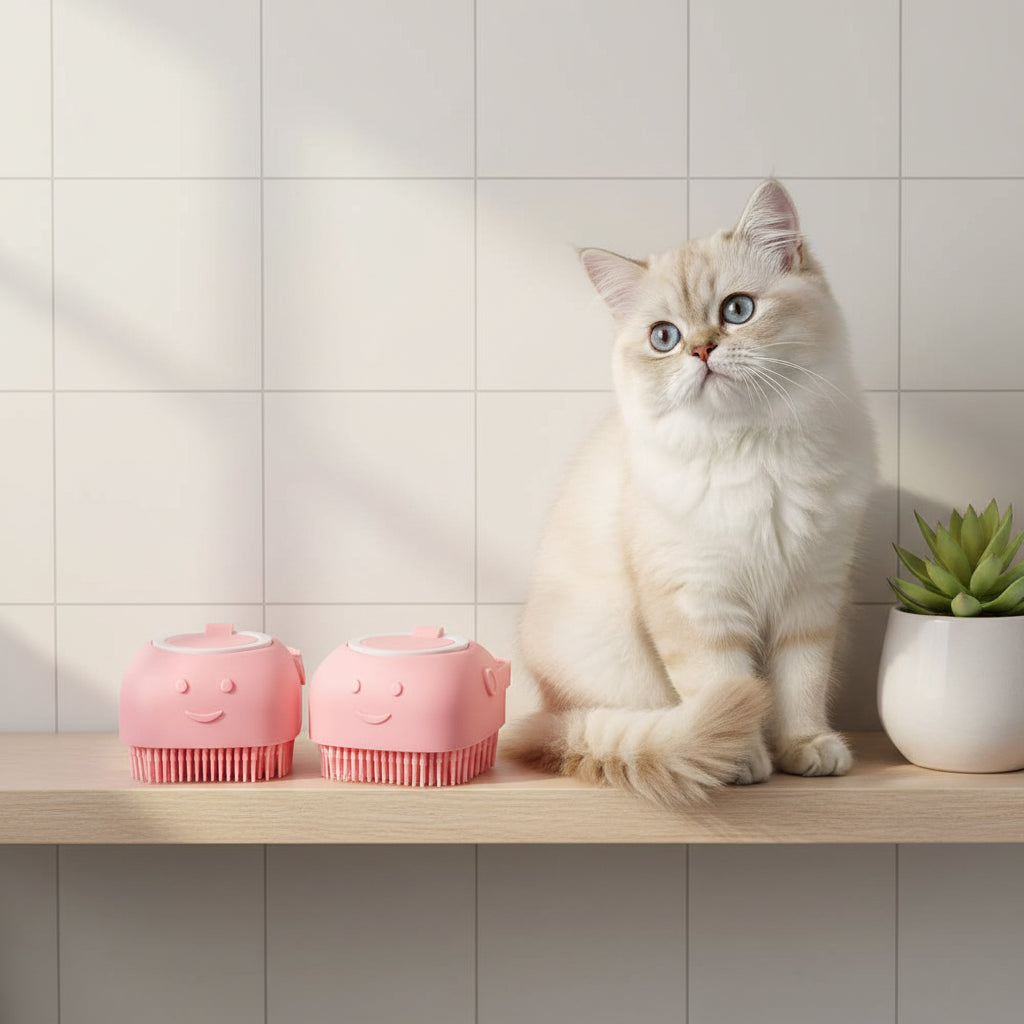 Brosse de bain et massage pour chien et chat avec distributeur de shampoing