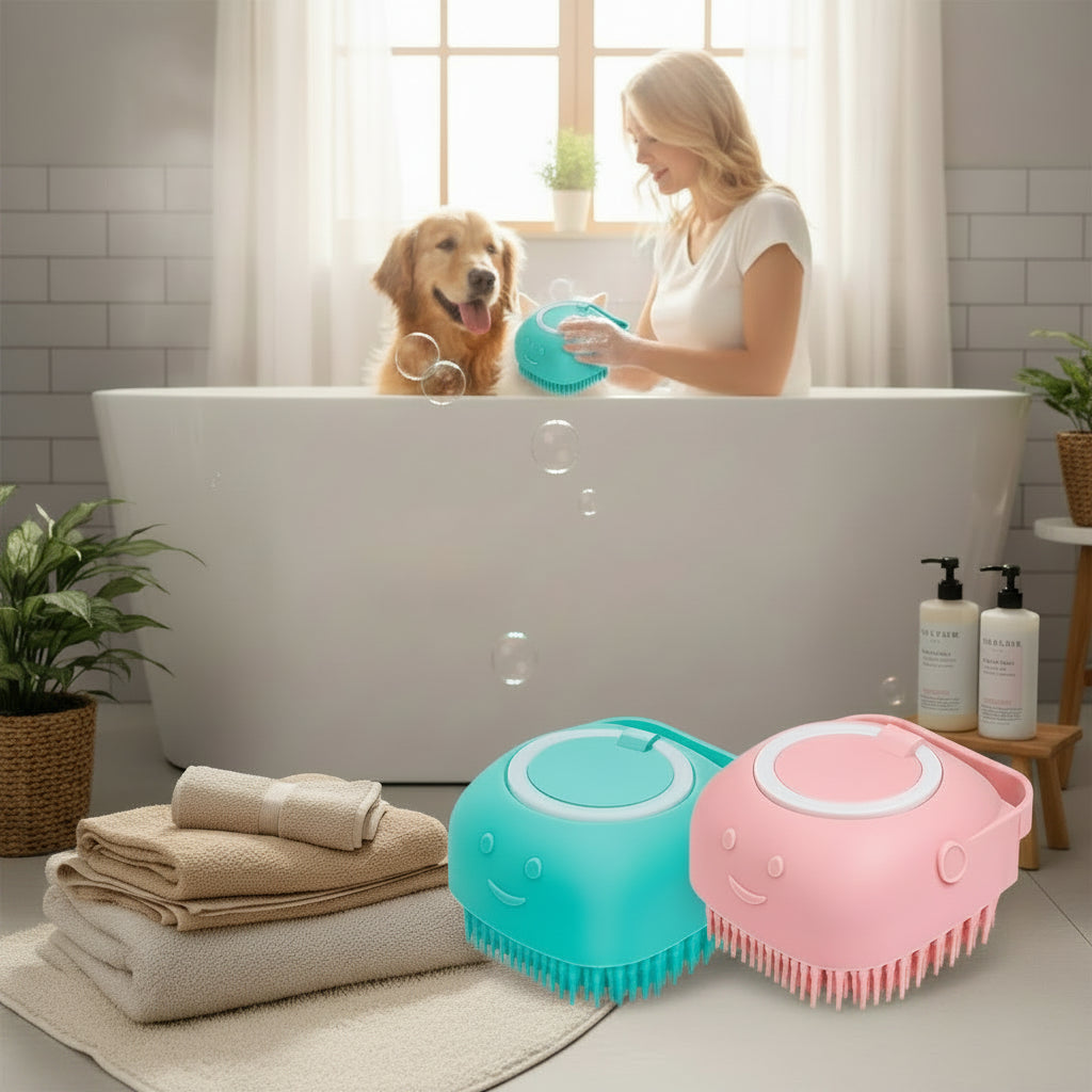 Brosse de bain et massage pour chien et chat avec distributeur de shampoing