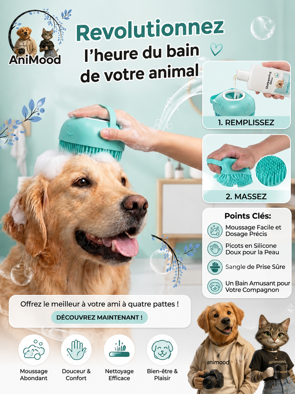 Brosse de bain et massage pour chien et chat avec distributeur de shampoing